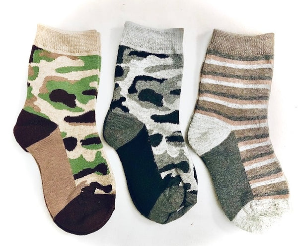 Children Camouflage Stripe Crew Sock 3 Pack Set
